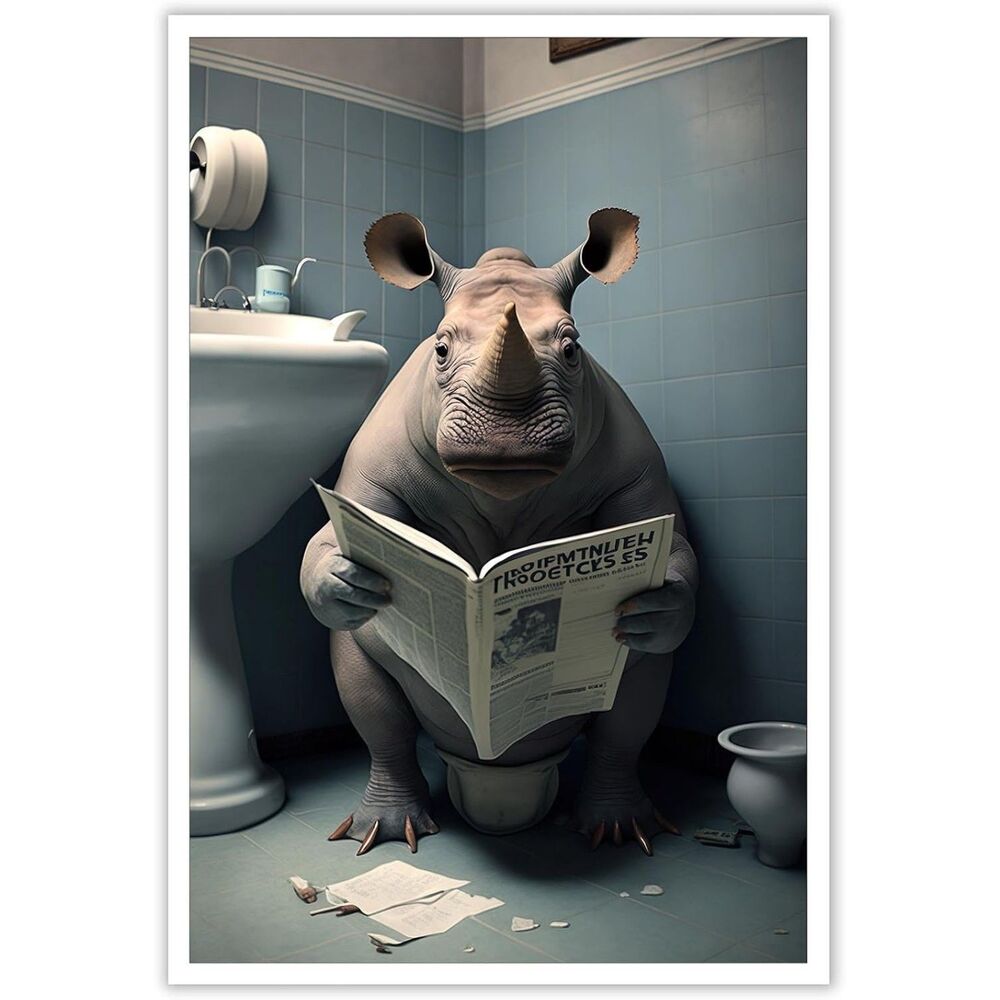 Funny Rhino Bathroom Canvas Wall Art 12x16in Unframed